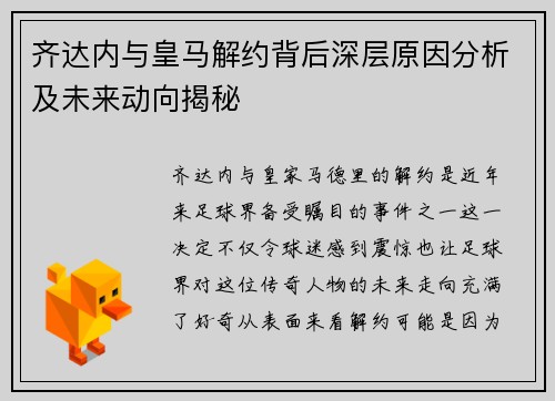 齐达内与皇马解约背后深层原因分析及未来动向揭秘